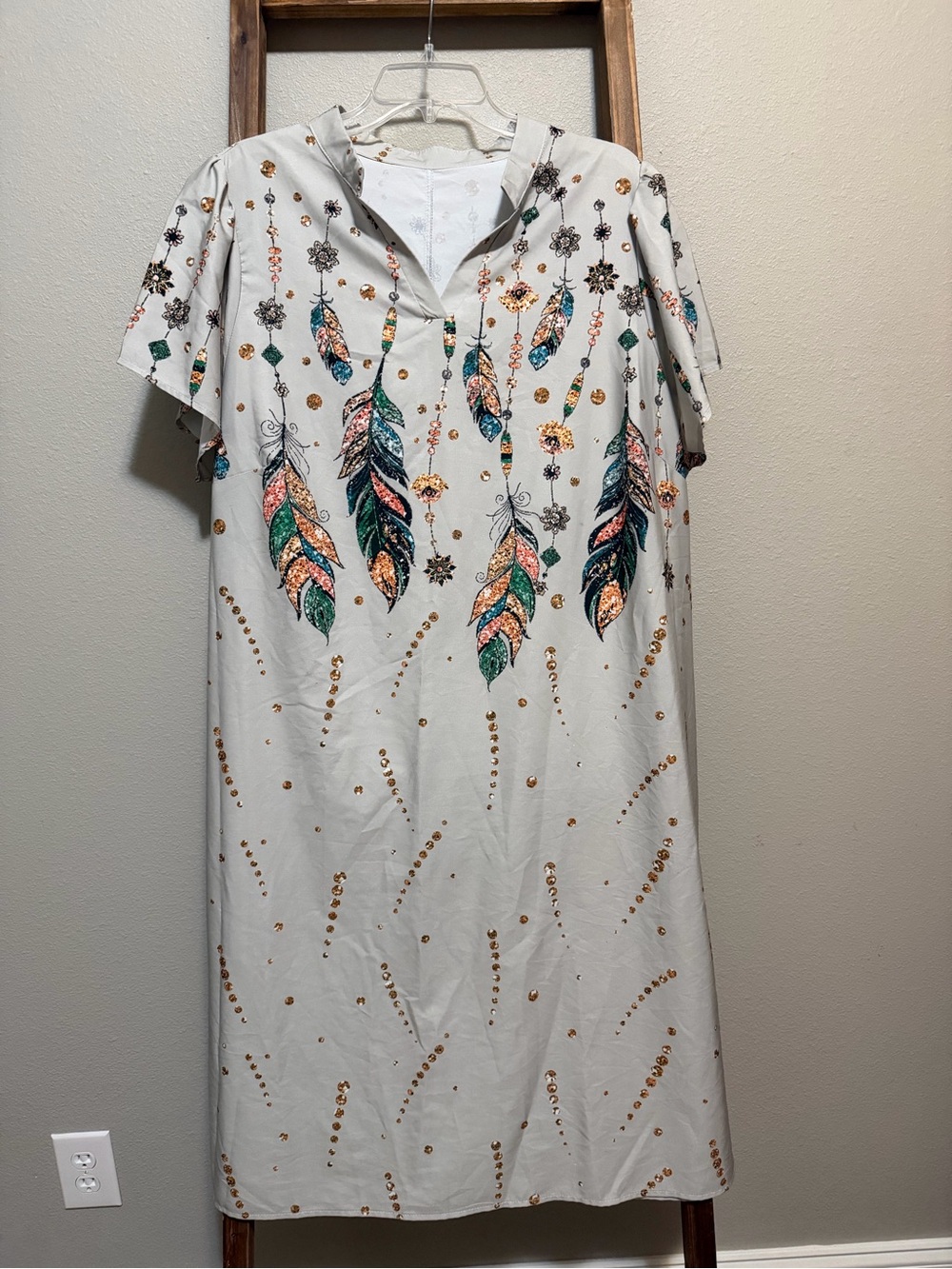 SHEIN White Dress with Teal Green and Rose Gold Feather Print